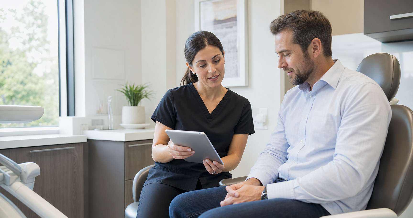 Dentist near me in Kitchener discussing care options with a patient